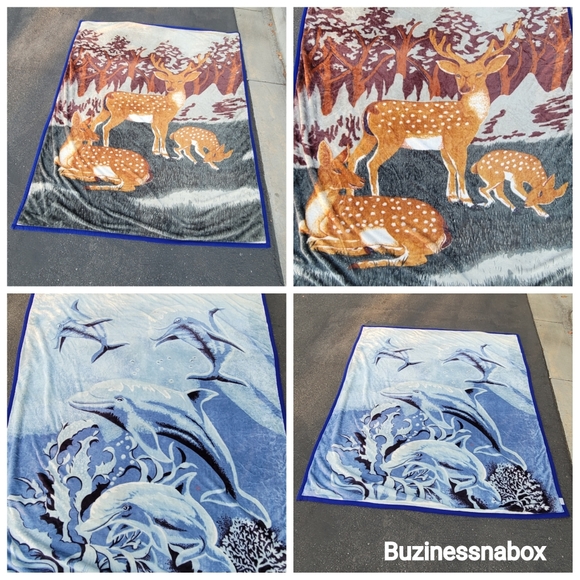 Vtg Deer Dolphins Reversible Blanket - Picture 1 of 6